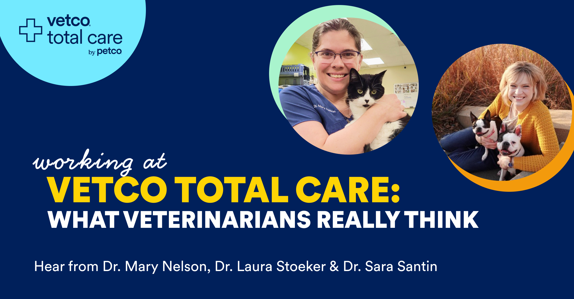 Two veterinarians holding pets, Vetco logo. Two veterinarians holding pets, Vetco logo.
